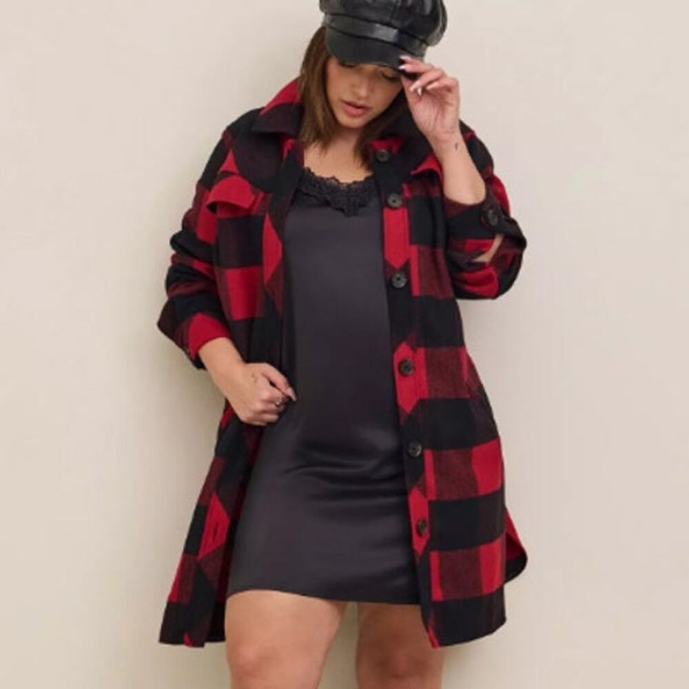 Torrid Womens Wool Buffalo Plaid Longline Jacket Plus Size 0X Grunge Lumberjack
